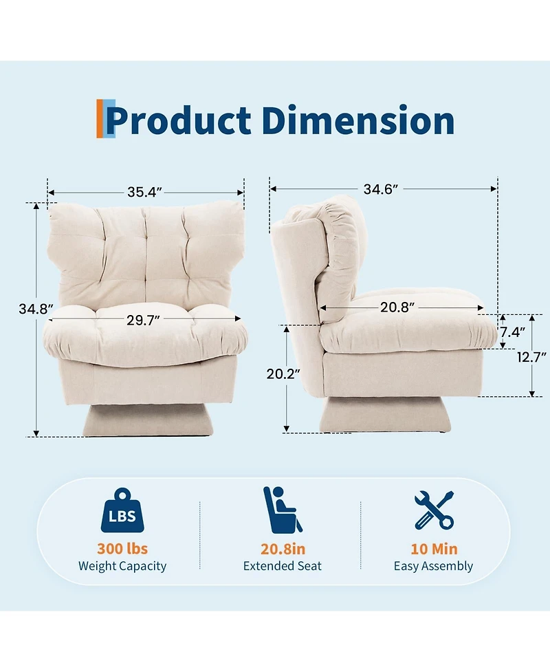 homfan Oversized Chenille Swivel Chair, 360degree(s) Lounge Extra-Wide 20.8" Seat, Thick Cushion, Cozy, Living Room