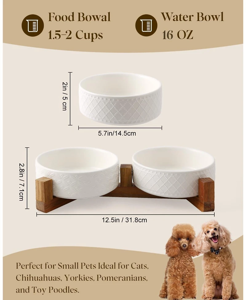 Aronkl Elevated Pet Feeder Set Ceramic Bowls Solid Wood Stand Silicone Mat Non Slip