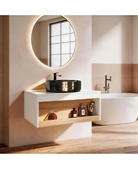 Sillysis Inch Wall Mounted Bathroom Vanity with Marble Vessel Sink, Floating Plywood Cabinet