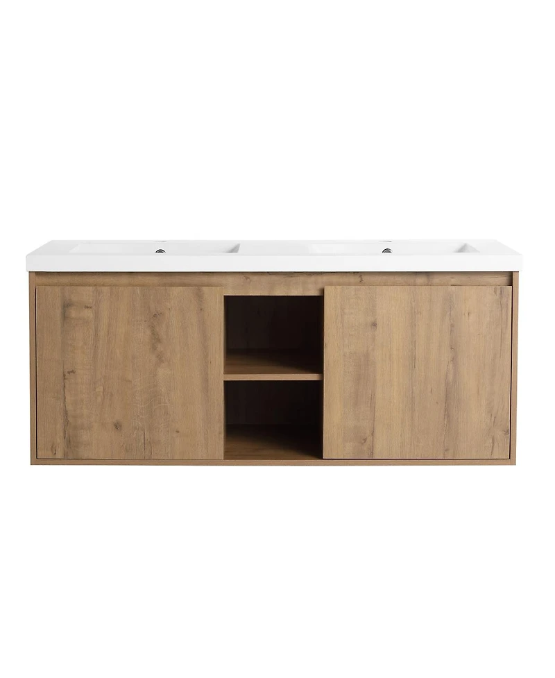 Sillysis 48 Inch Wall Mounted Double Sink Bathroom Vanity with Resin Basin, Soft Close Doors, Open Storage, Modern Floating Cabinet