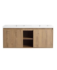Sillysis 48 Inch Wall Mounted Double Sink Bathroom Vanity with Resin Basin, Soft Close Doors, Open Storage, Modern Floating Cabinet