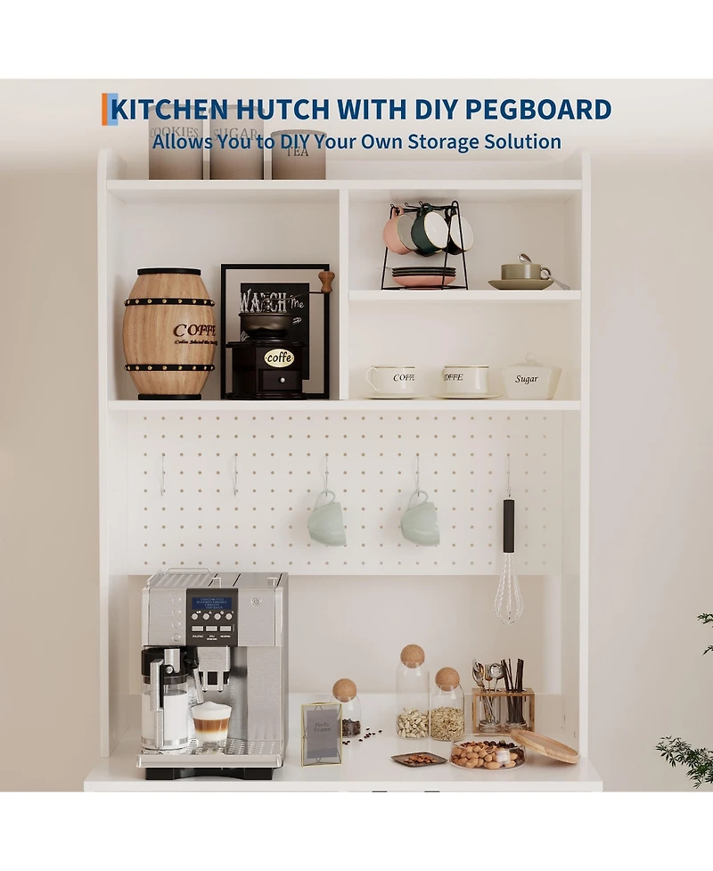 homfan Freestanding Pantry Hutch, 6-Tier Sideboard with Glass Doors, Pegboard Panel and Open Shelves for Kitchen, Dining Room and Coffee Bar