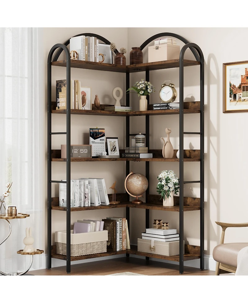 homfan 5-Tier L-Shaped Corner Bookshelf, Industrial Bookcase with Metal Frame, Open Wood and Storage Shelves, Office Display Rack