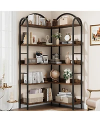 homfan 5-Tier L-Shaped Corner Bookshelf, Industrial Bookcase with Metal Frame, Open Wood and Storage Shelves, Office Display Rack