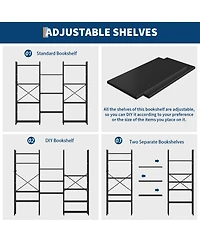 homfan Triple 4-Tier Open Bookshelf, Industrial Iron Frame Wooden Storage Rack, Multi-Scene Easy-Assembly Home and Office Display Organizer