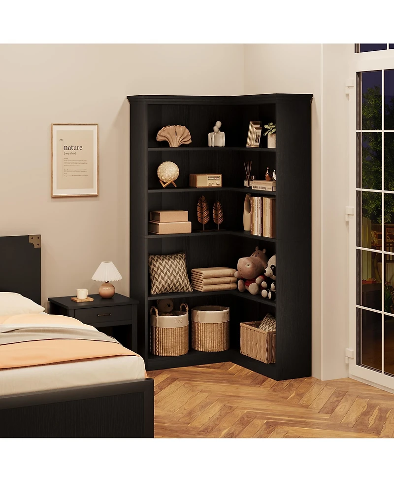 homfan Tall L-Shaped Corner Bookshelf, Farmhouse Design 5-Tier Large Wooden Bookcase, Modern Storage Display Shelf for Living Room, Bedroom