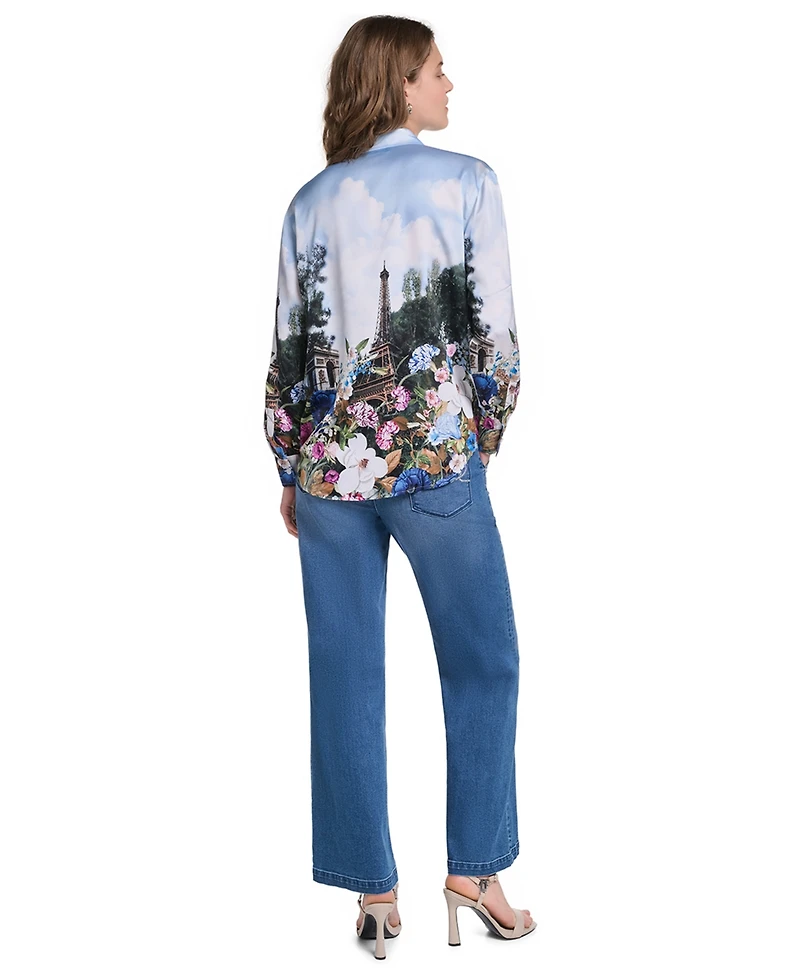 Karl Lagerfeld Paris Petite Long-Sleeve Printed City Scene Blouse