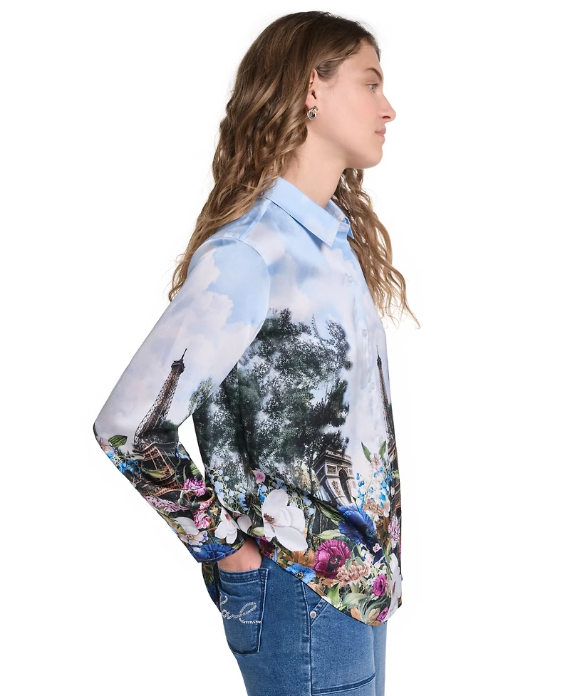 Karl Lagerfeld Paris Petite Long-Sleeve Printed City Scene Blouse