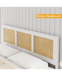 gaomon Rattan Platform Bed with Headboard, Metal Slats