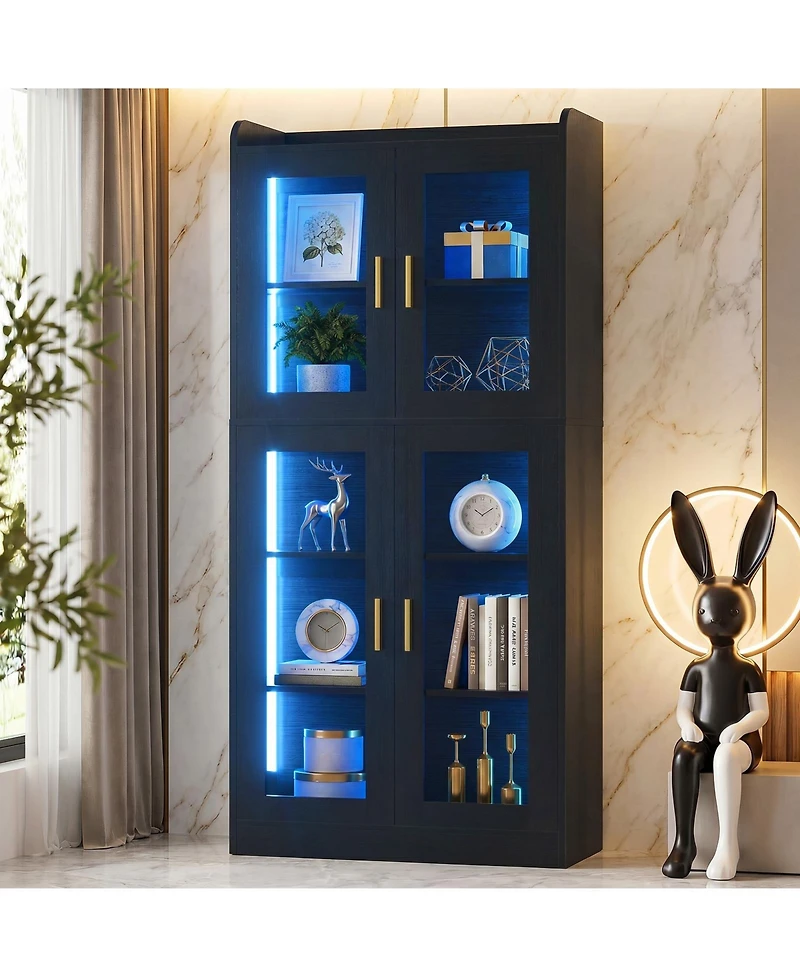 Aheaplus 5-Tier Tall Display Bookcase with Shelves and Glass Doors Led Lights
