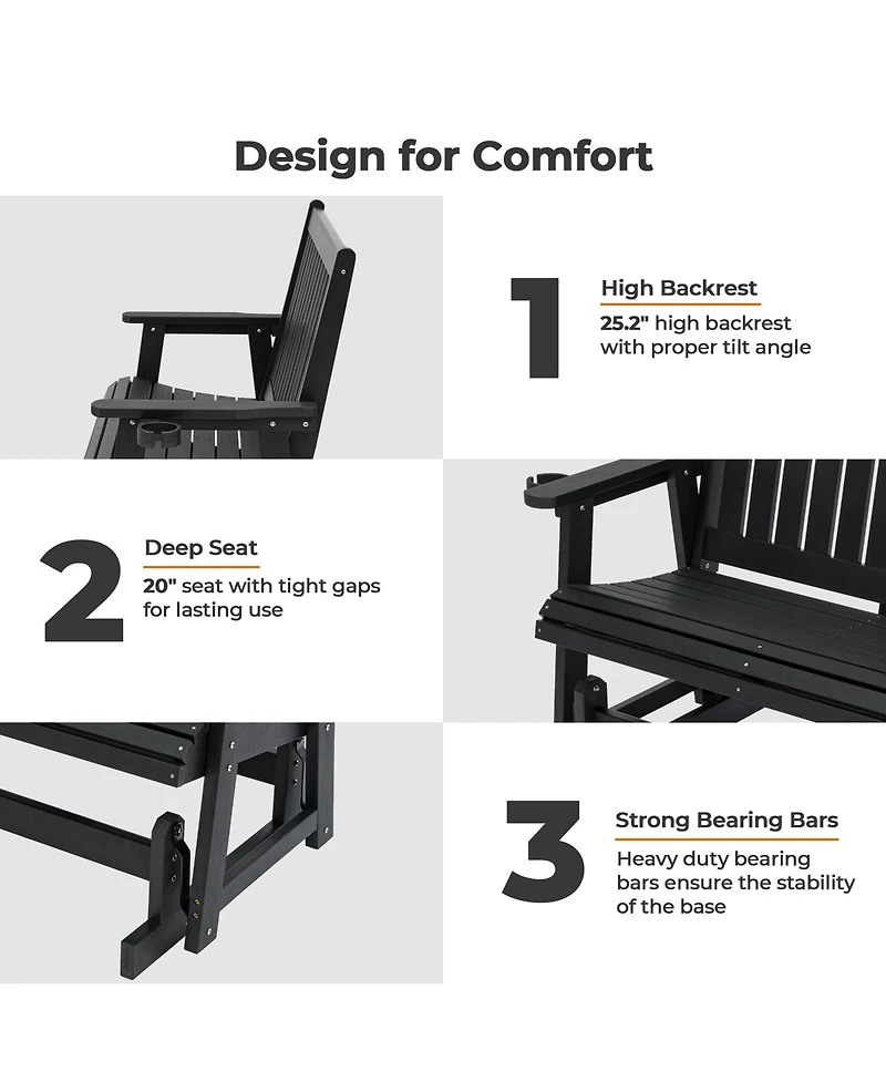 Mega Casa Hips Patio Glider with Cup Holders, Durable Poly Lumber, High Back and Deep Contoured Seat, Heavy Duty 900 lb Capacity
