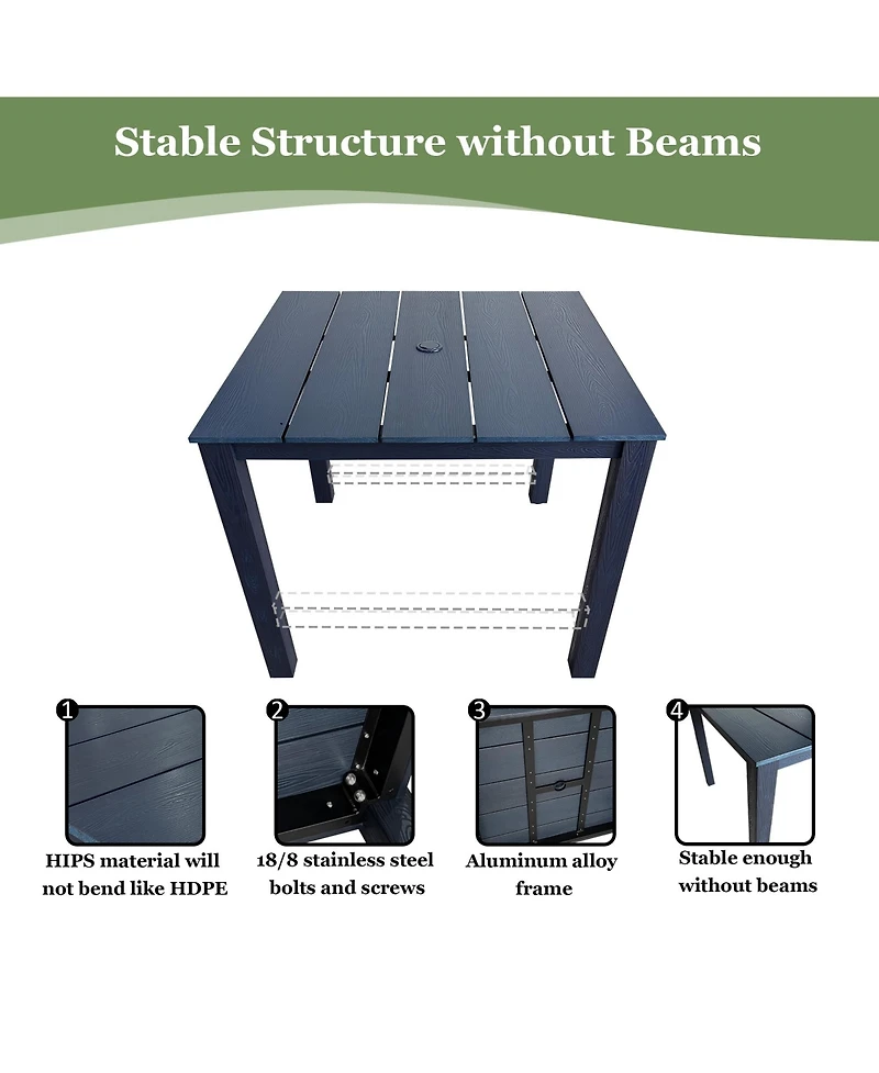 Mega Casa Hips All-Weather Outdoor Patio Dining Table with Umbrella Hole, Heavy-Duty Square Bistro Table with Aluminum Frame
