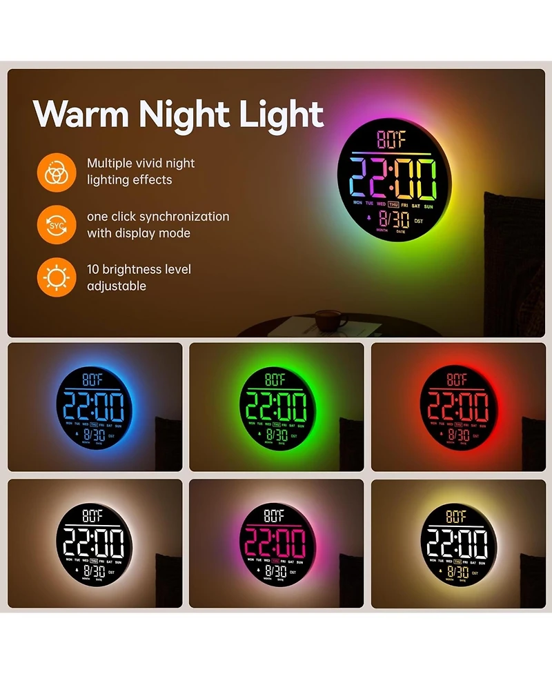 Jall 10 Inch Large Digital Wall Clock (Blue) with Rgb Colors Seconds Countdown Alarm Auto Dst Temperature Night Light Plug Aaa Backup
