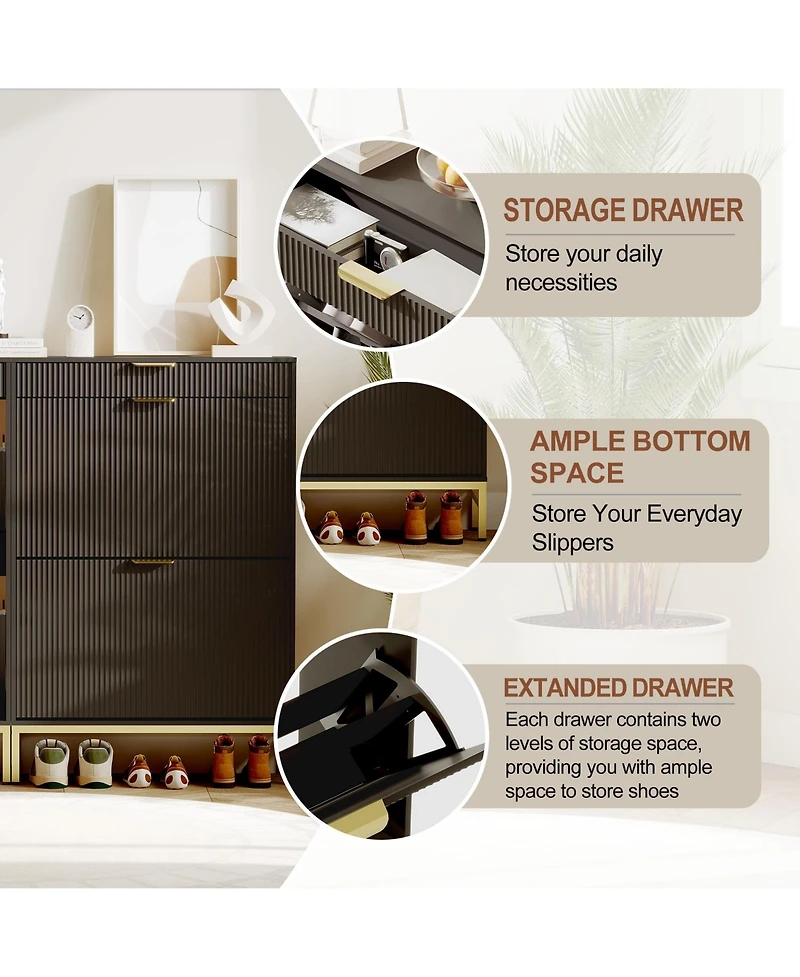 homfan Narrow Shoe Cabinet Storage for Entryway, Modern Fluted Rack Organizer with 2 Flip Drawers and An Open Shelf Hallway, Living Room