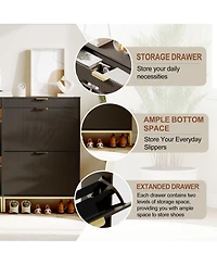 homfan Narrow Shoe Cabinet Storage for Entryway, Modern Fluted Rack Organizer with 2 Flip Drawers and An Open Shelf Hallway, Living Room