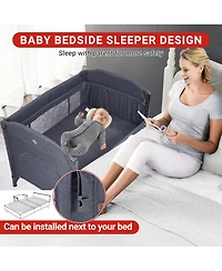 Gaomon 5-in-1 Foldable Pack and Play Baby Playard, Bedside Sleeper with Bassinet Diaper Changer, Lockable Wheel Nursery Center for Newborn Toddler