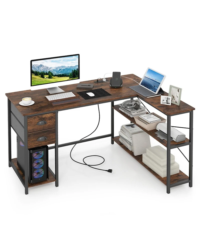 Slickblue L Shaped Desk with Charging Station and 2 Fabric Drawers