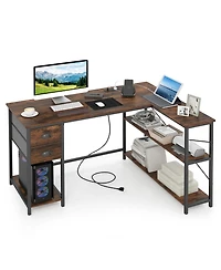 Slickblue L Shaped Desk with Charging Station and 2 Fabric Drawers