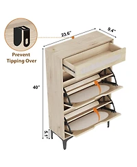 Homfan Slim Rattan Cabinet 2 Turn Over Drawers and 1 Pull-Out Drawer, Adjustable Shelves, Metal Legs, Entryway Storage for Small Spaces