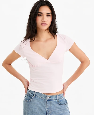 Hippie Rose Juniors' Cap-Sleeve Surplice-Neck Top