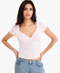 Hippie Rose Juniors' Cap-Sleeve Surplice-Neck Top