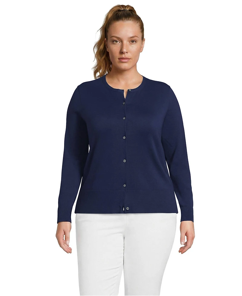 Lands' End Plus Fine Gauge Cotton Crew Cardigan Sweater