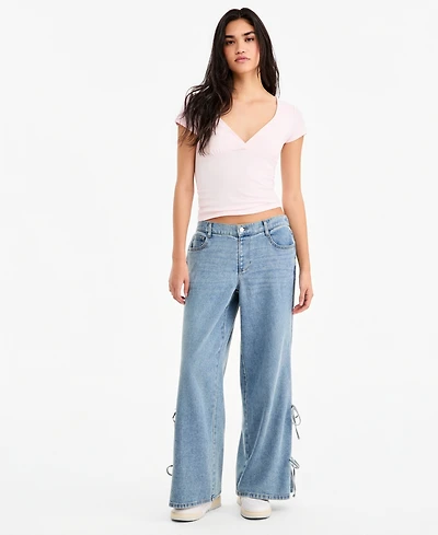 Vanilla Star Juniors' Wide-Leg Elastic Back Side Tie Jeans