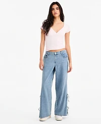 Vanilla Star Juniors' Wide-Leg Elastic Back Side Tie Jeans