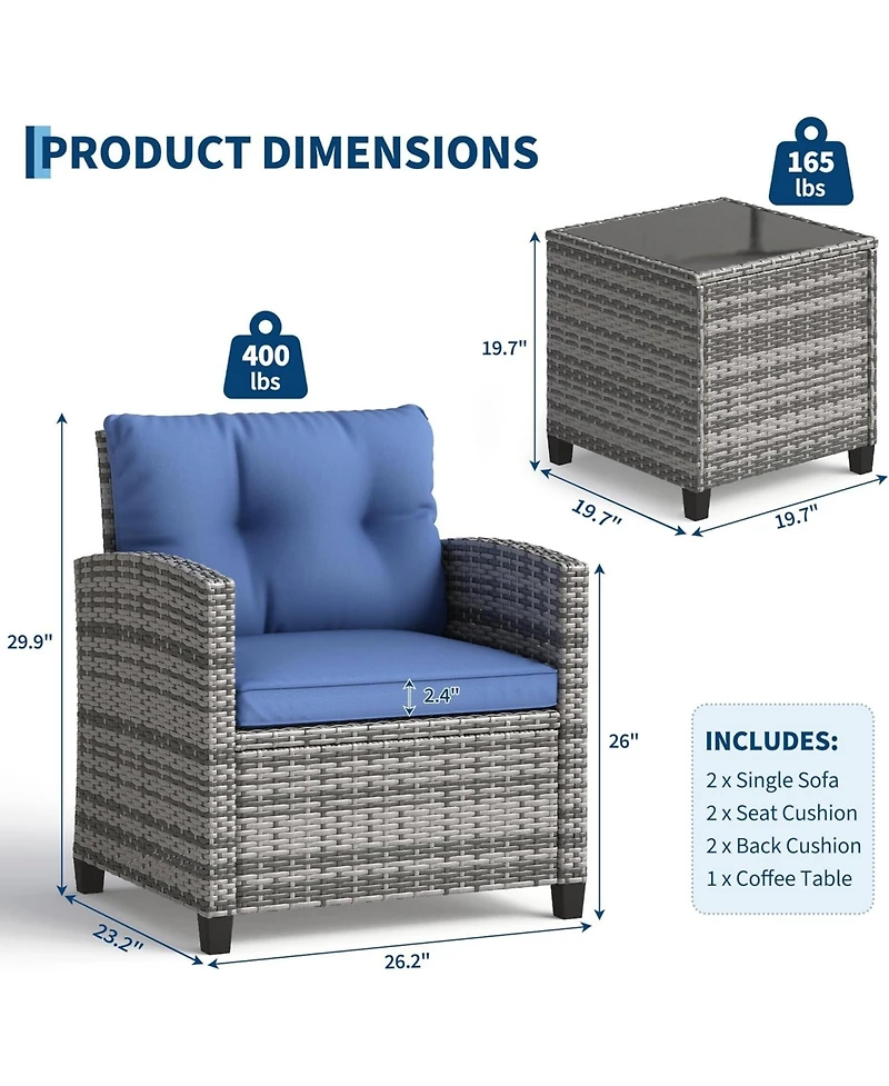 gaomon Patio Conversation Set Pe Rattan Bistro Furniture, Gradient Wicker with Cushions