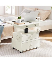 Streamdale High-Gloss Adjustable Rolling End Table with Charging Station and Storage