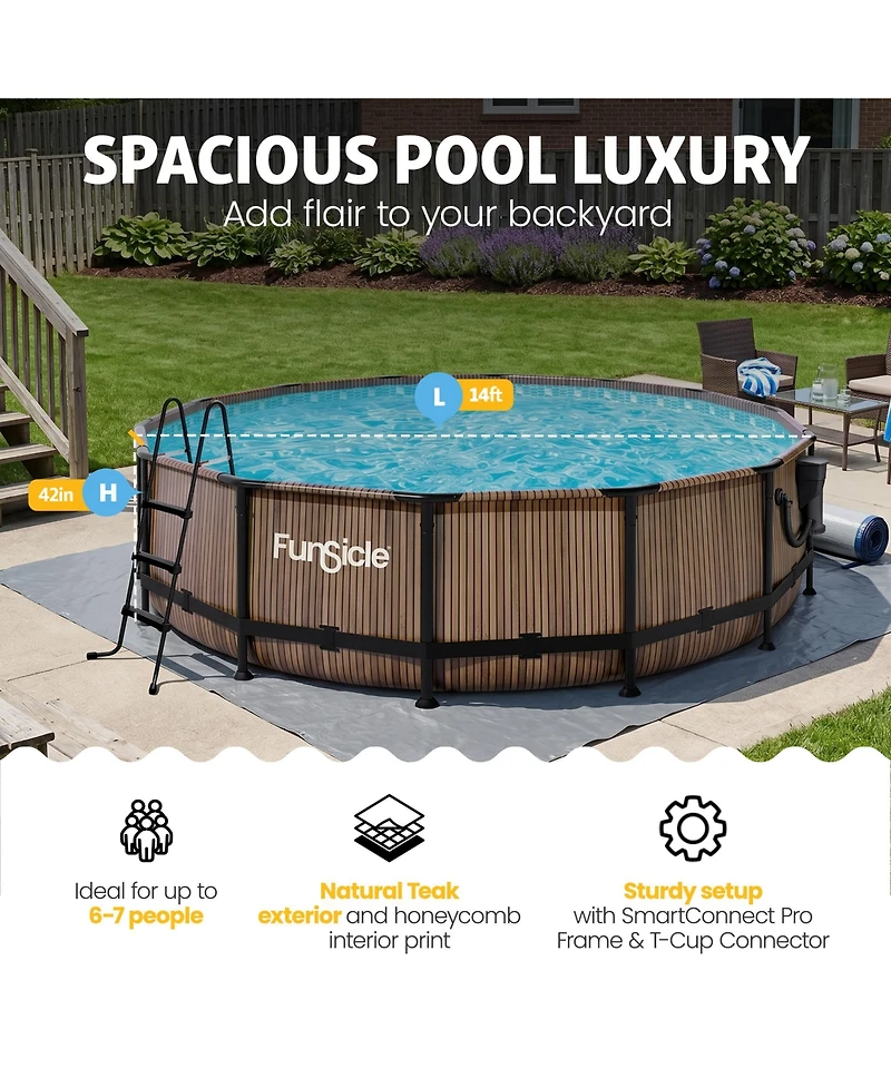 Funsicle 14' x 42" Oasis Round Outdoor Above Ground Swimming Pool, Natural Teak