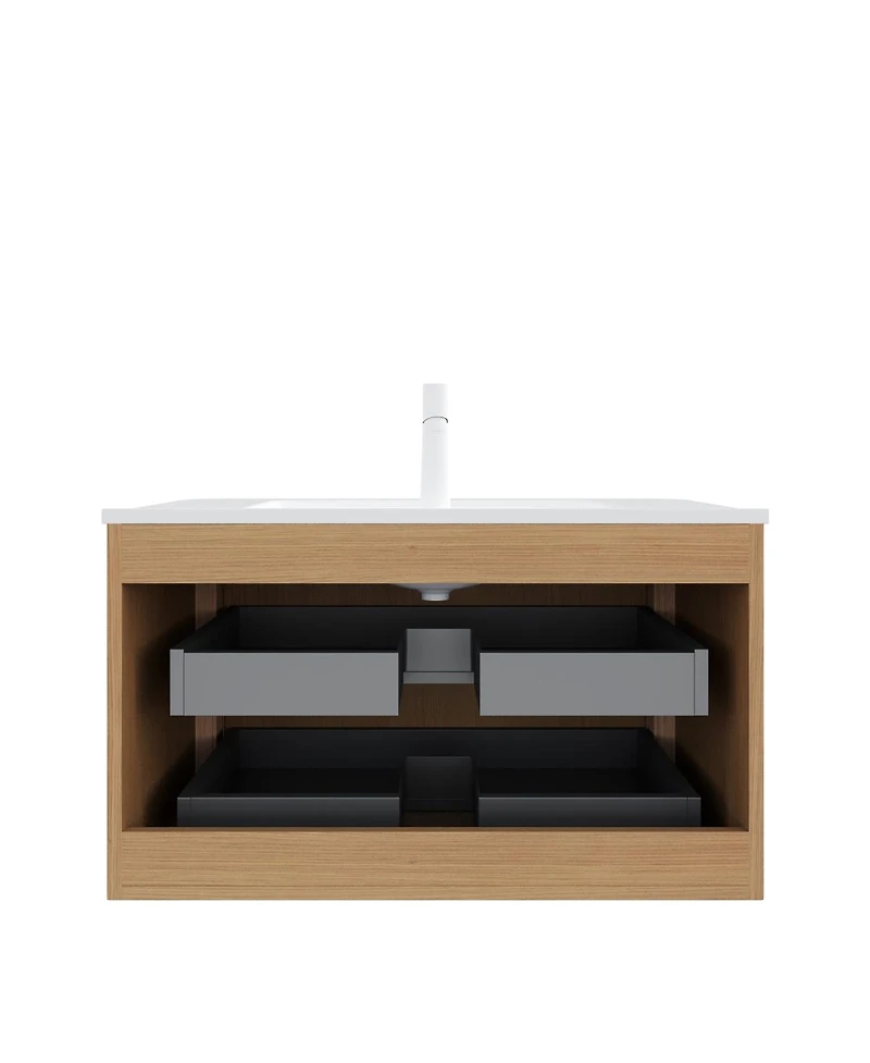 Thirtypeachy 36" Modern Scandinavian Floating Bathroom Vanity, 2-Drawer Plywood Cabinet With Ceramic Sink, Pre-Assembled Retro Woodgrain