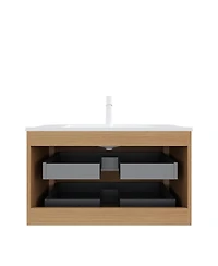 Thirtypeachy 36" Modern Scandinavian Floating Bathroom Vanity, 2-Drawer Plywood Cabinet With Ceramic Sink, Pre-Assembled Retro Woodgrain