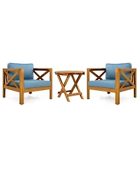 Flynama Outdoor 2 Piece Wood Conversation Set Teak Finish Acacia Wood Armchairs Cushions Foldable Side Table