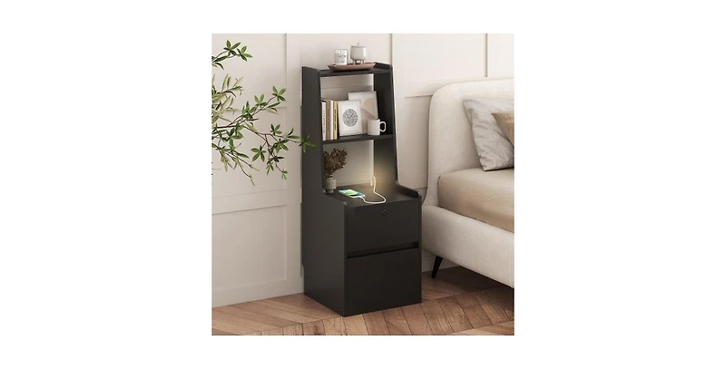 Lucky One 15.7"W Nightstand with Charging Station, Night Light