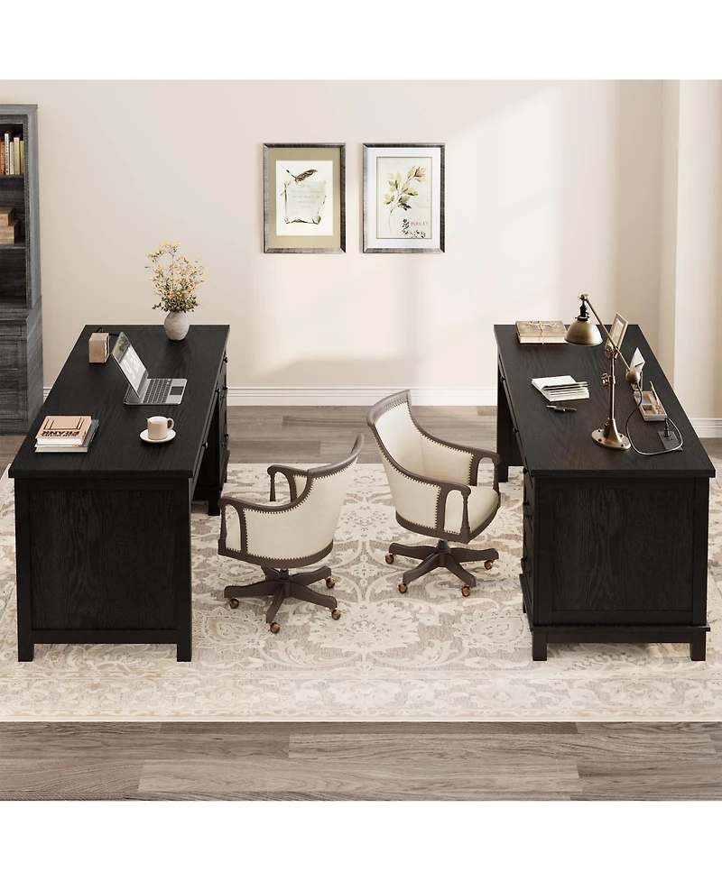 Gaomon Farmhouse Computer Desk with Charging Station, Rustic Black Home Office Executive Desk, Wooden Workstation with File Cabinet Storage Drawers
