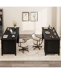 Gaomon Farmhouse Computer Desk with Charging Station, Rustic Black Home Office Executive Desk, Wooden Workstation with File Cabinet Storage Drawers