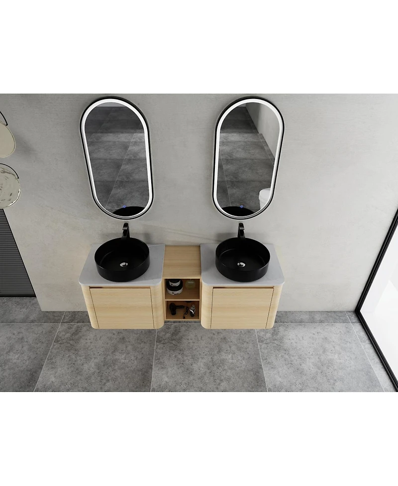 Sillysis Inch Wall Mounted Double Bathroom Vanity with Stone Countertop, Ceramic Vessel Sinks