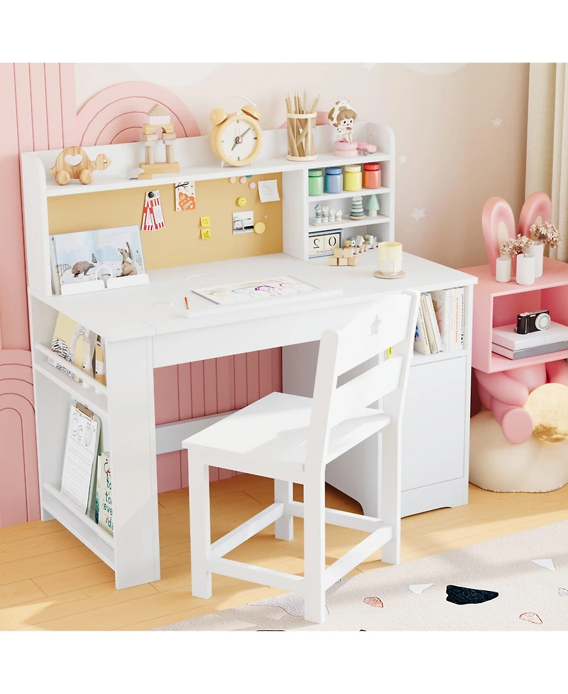 homfan Kids Study Desk and Chair Set with Storage, Tiltable Desktop, Hutch and Cabinet for Ages 3-8, Bedroom Writing Table