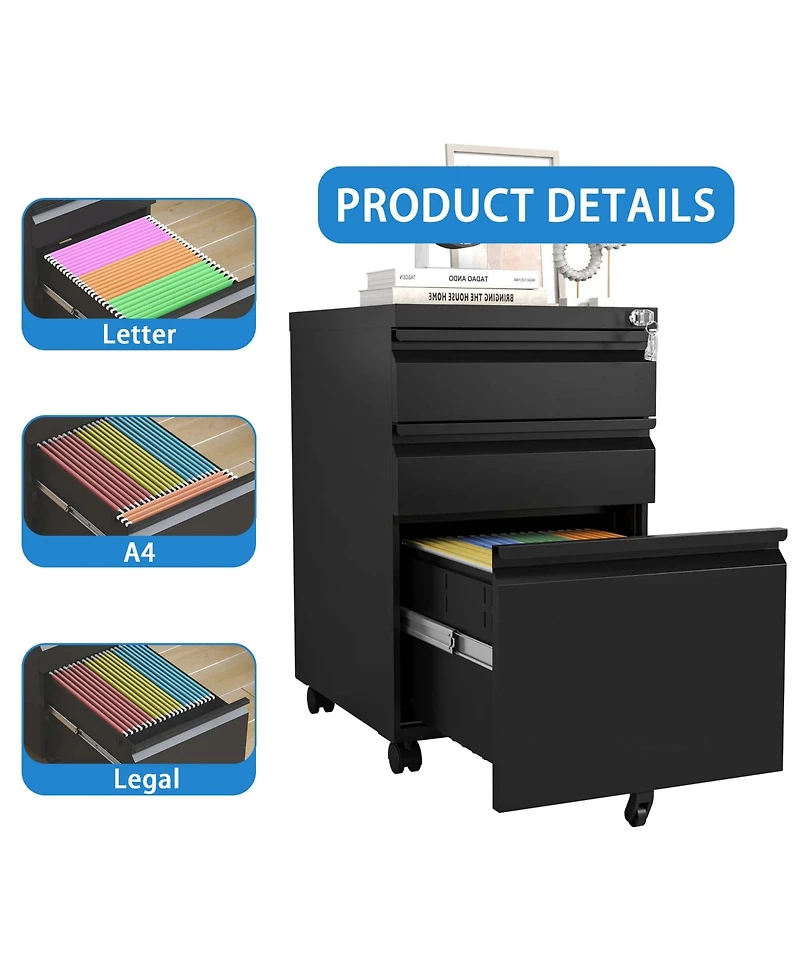 Boyel Living 3 Drawer Mobile File Cabinet with Lock, Metal Filing Cabinets for Home Office Organizer Letters/Legal/A4, Fully Assembled