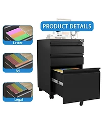 Boyel Living 3 Drawer Mobile File Cabinet with Lock, Metal Filing Cabinets for Home Office Organizer Letters/Legal/A4, Fully Assembled