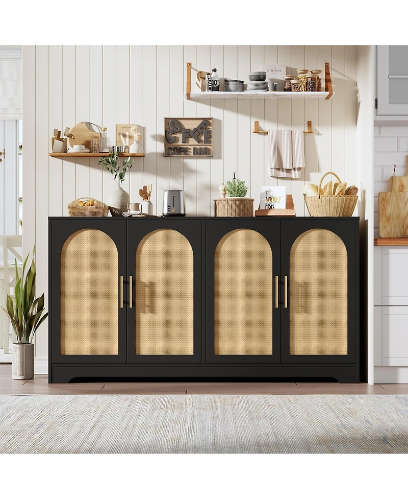 homfan 59 Inch Modern Rattan Credenza Console, 4-Door Sideboard Buffet with Fixed Shelf and Metal Handles for Coffee Bar Multi-Room Use