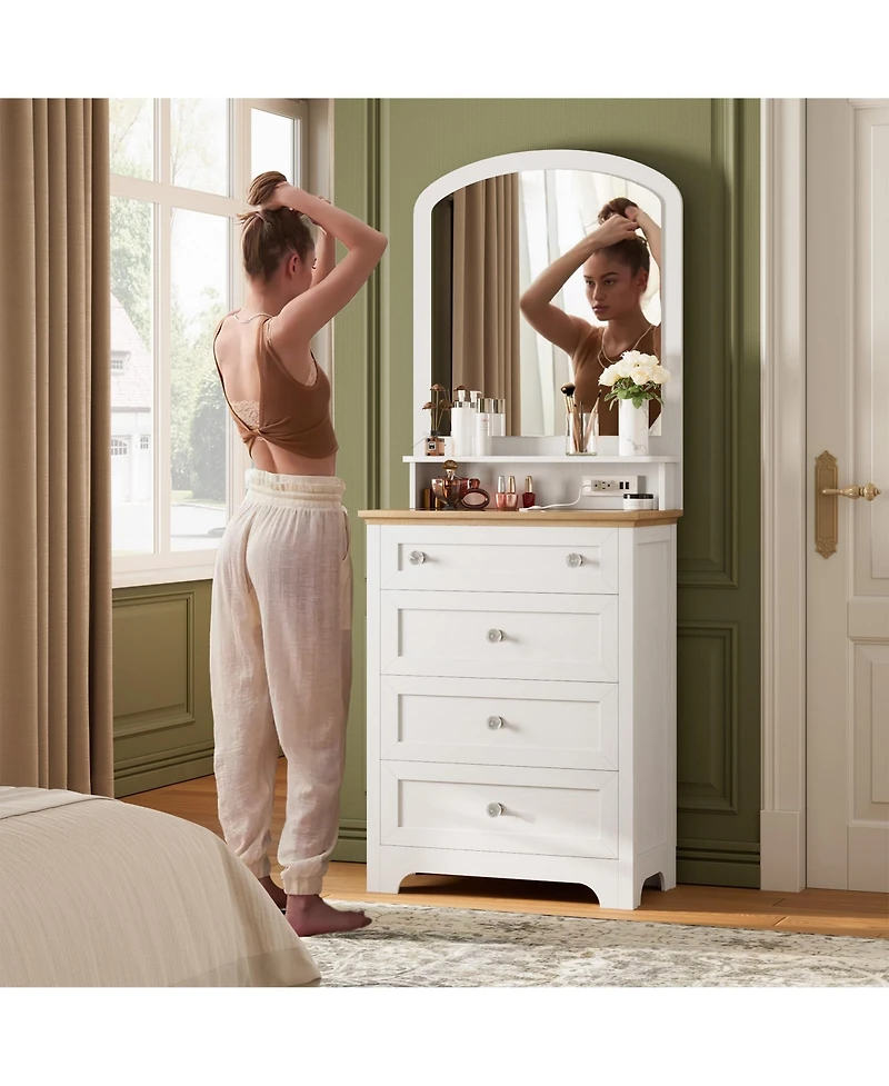 homfan Small Drawer Dresser with Mirror - Charge Station and Led Strip, Space Save White 4 Drawer Makeup Vanity Cabinet for Bedroom, Entryway