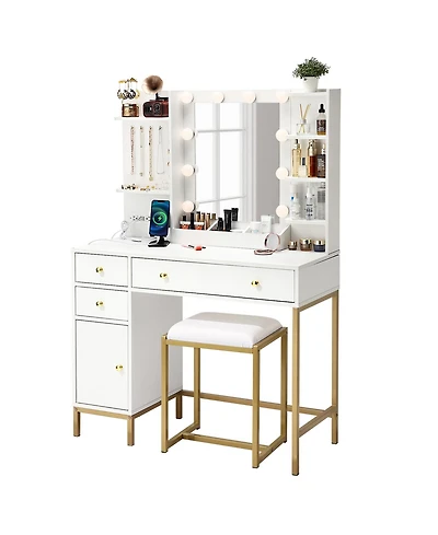 homfan Vanity Desk with Led Mirror, 3 Color Modes, Charging Station, Chair, and Storage, for Bedroom or Dressing Room