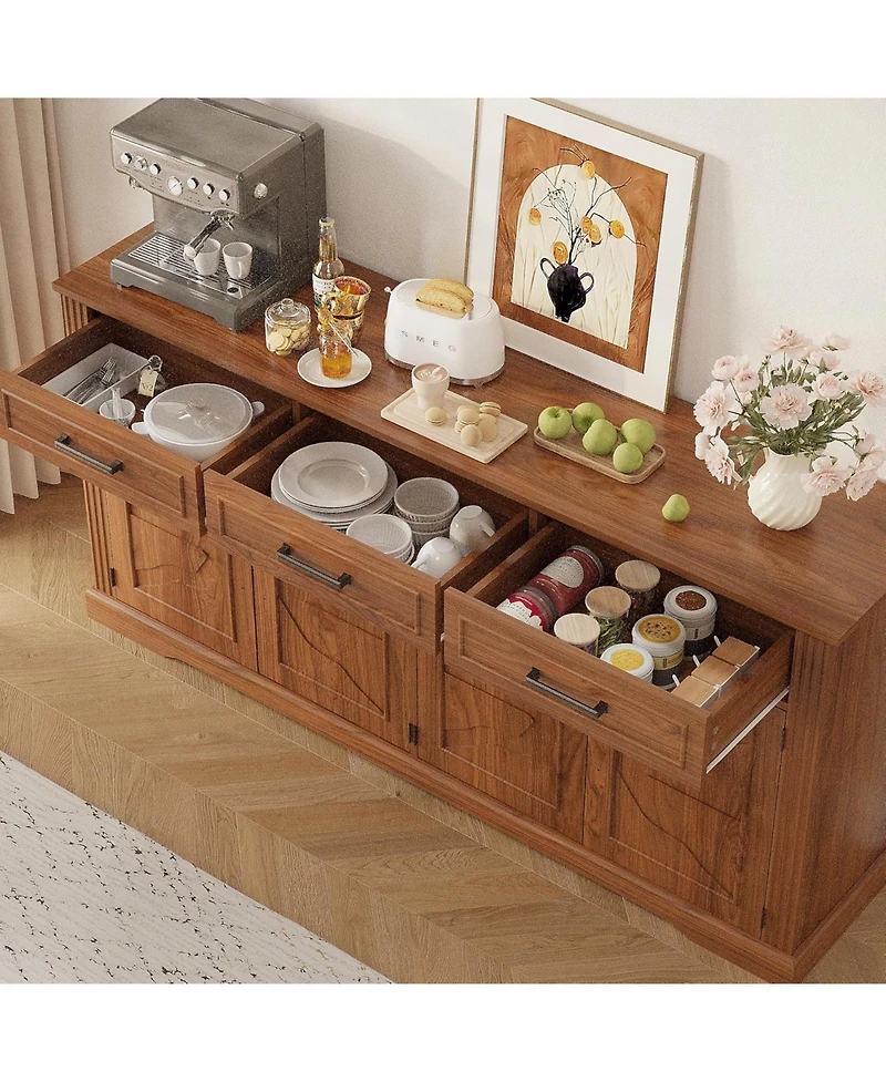 homfan 66" Modern Farmhouse Sideboard Buffet Cabinet with 3 Drawers, 4 Doors and Adjustable Shelves, Coffee Bar Storage Credenza