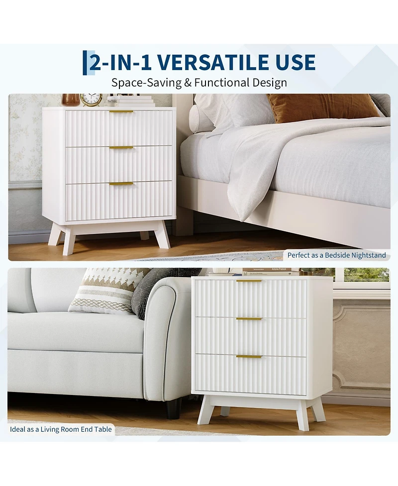 homfan 3-Drawer Fluted Nightstand with Metal Handles, Bedside Table and End Table for Bedroom and Living Room