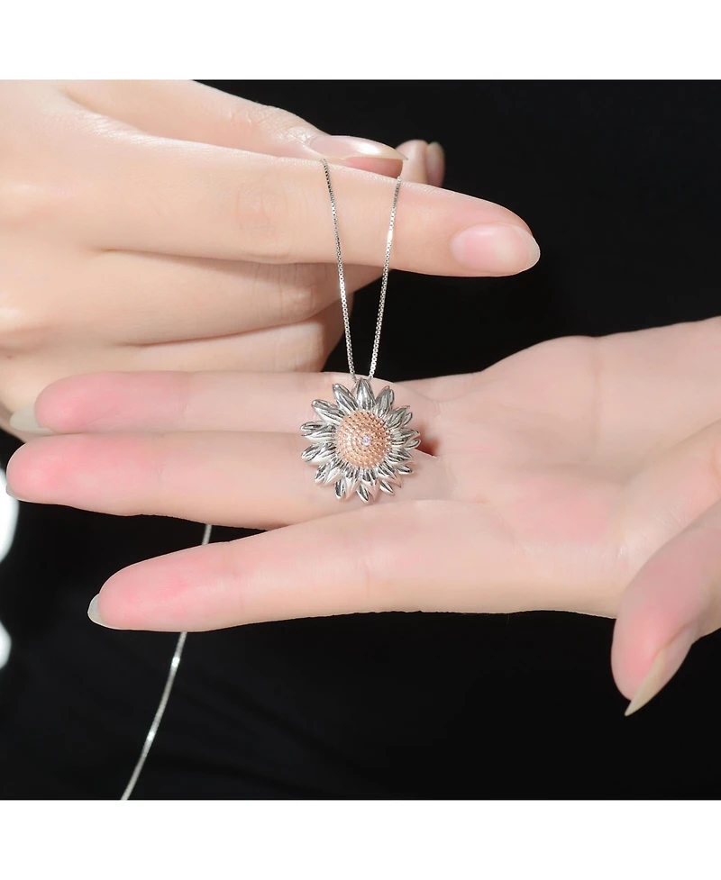 Genevive Unique Sterling Silver Two-Tone Sunflower Cz Pendant Necklace