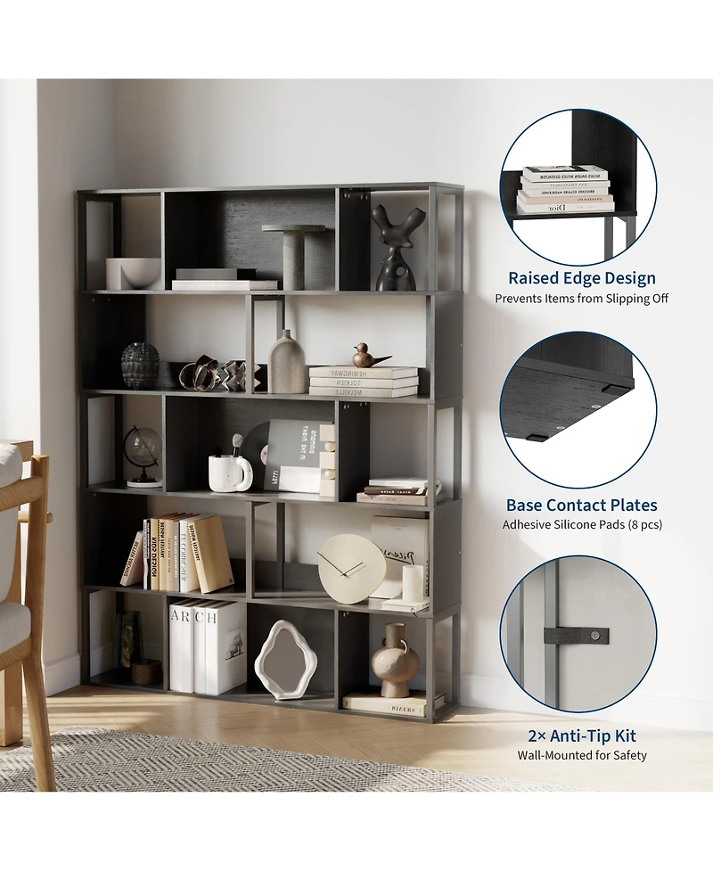 homfan Geometric Bookshelf, 74 Inch Metal 5 Tier Narrow Bookcase with Anti Tip Design for Living Room Home Office