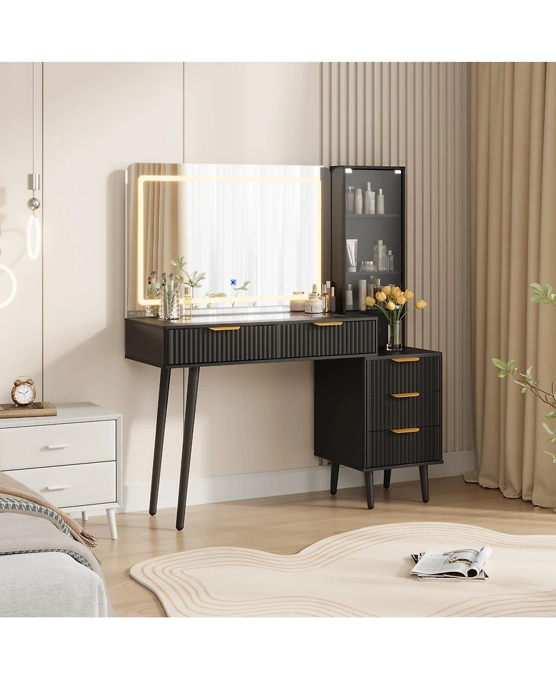 homfan Modern Fluted Vanity Desk 36" Led Mirror, Glass Top, 5 Drawers, 3-Tier Open Shelves, Built-in Charging Station, Dressing Table for Bedroom