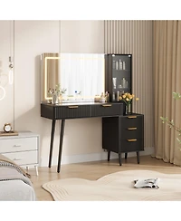 homfan Modern Fluted Vanity Desk 36" Led Mirror, Glass Top, 5 Drawers, 3-Tier Open Shelves, Built-in Charging Station, Dressing Table for Bedroom